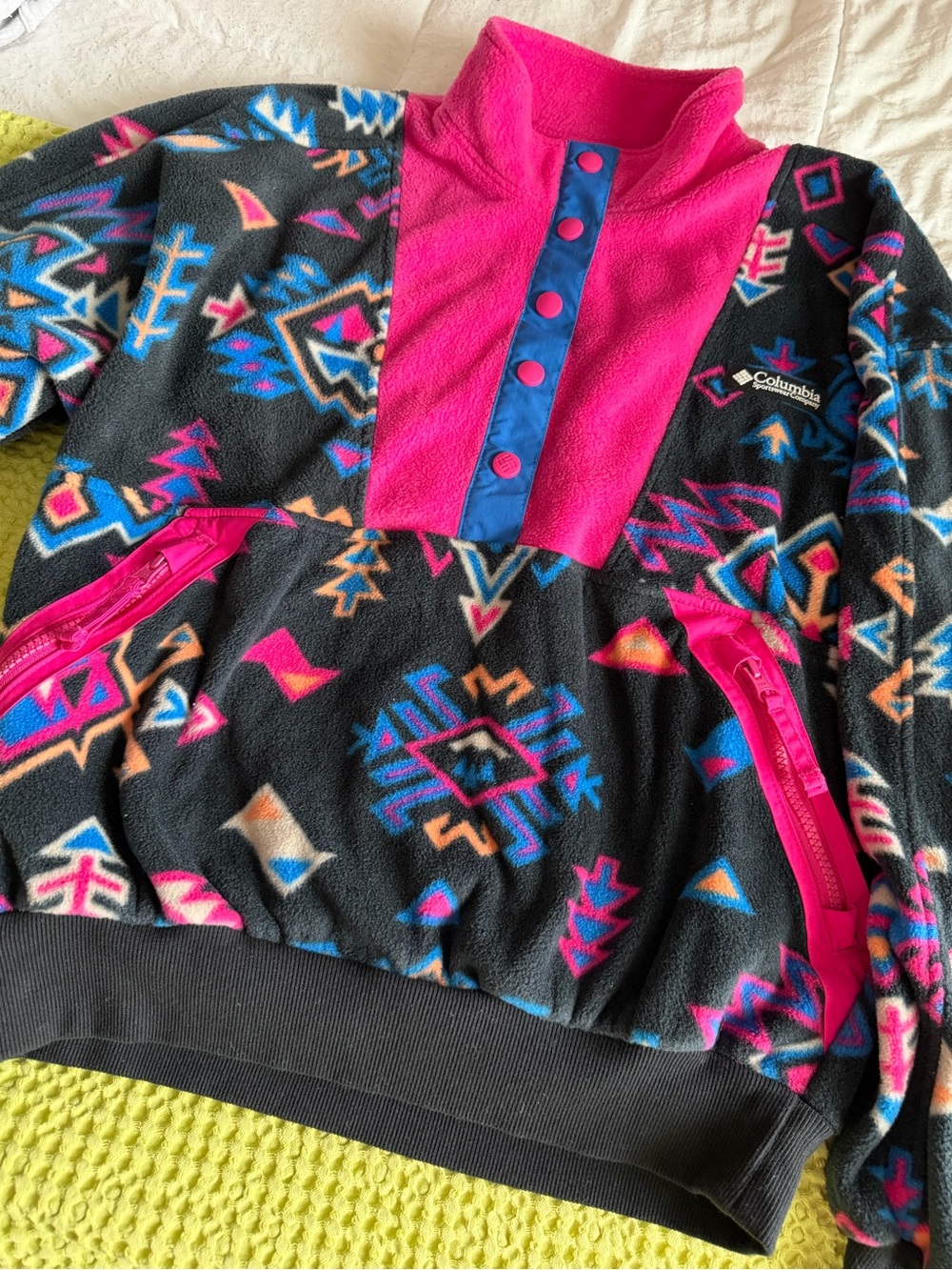 Columbia Black Fleece Pullover with Pink and Blue Accents